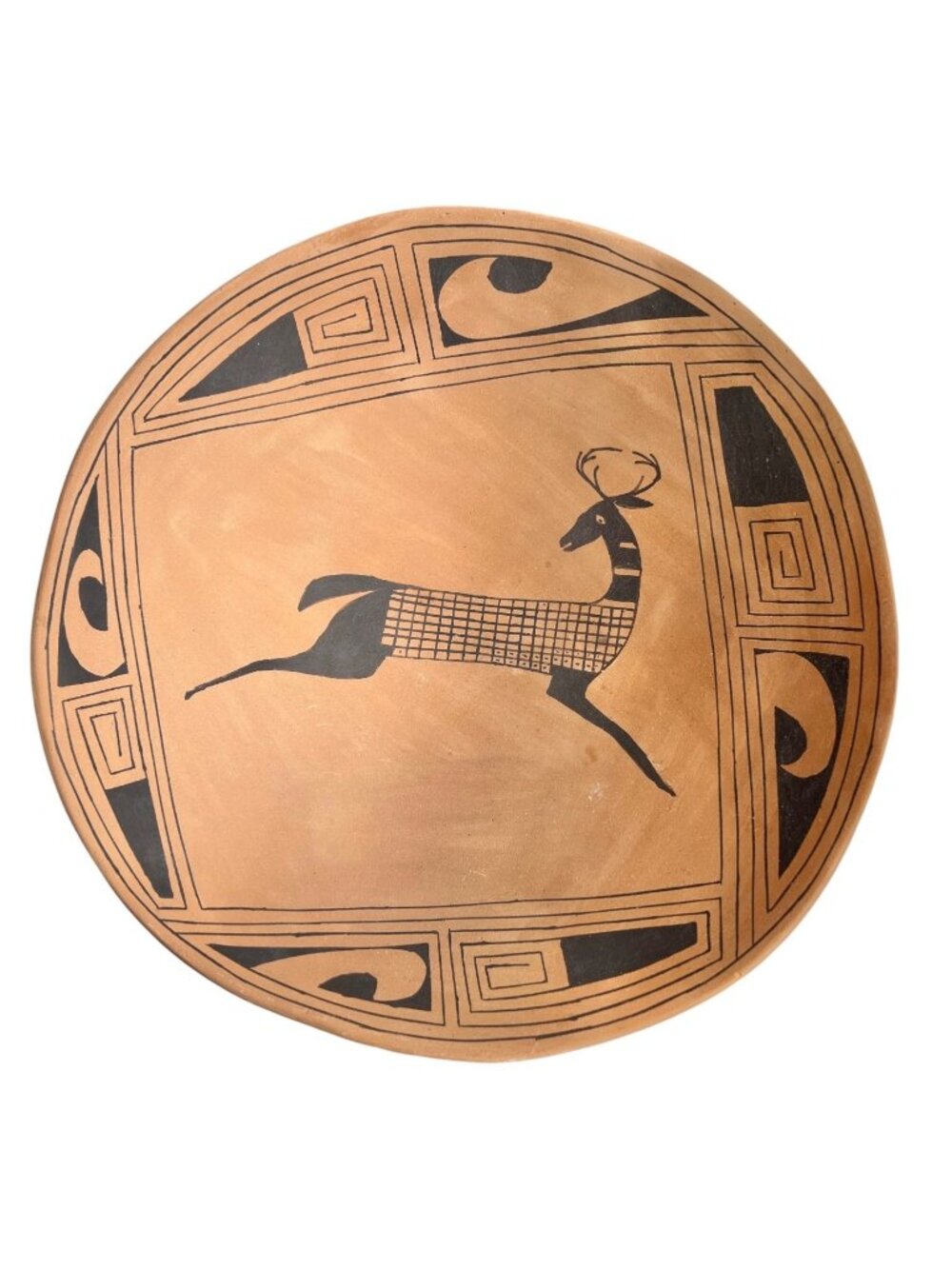 Signed Julio Mora Bowl Handcrafted Mata Ortiz Ceramic Leaping Deer Tan Black